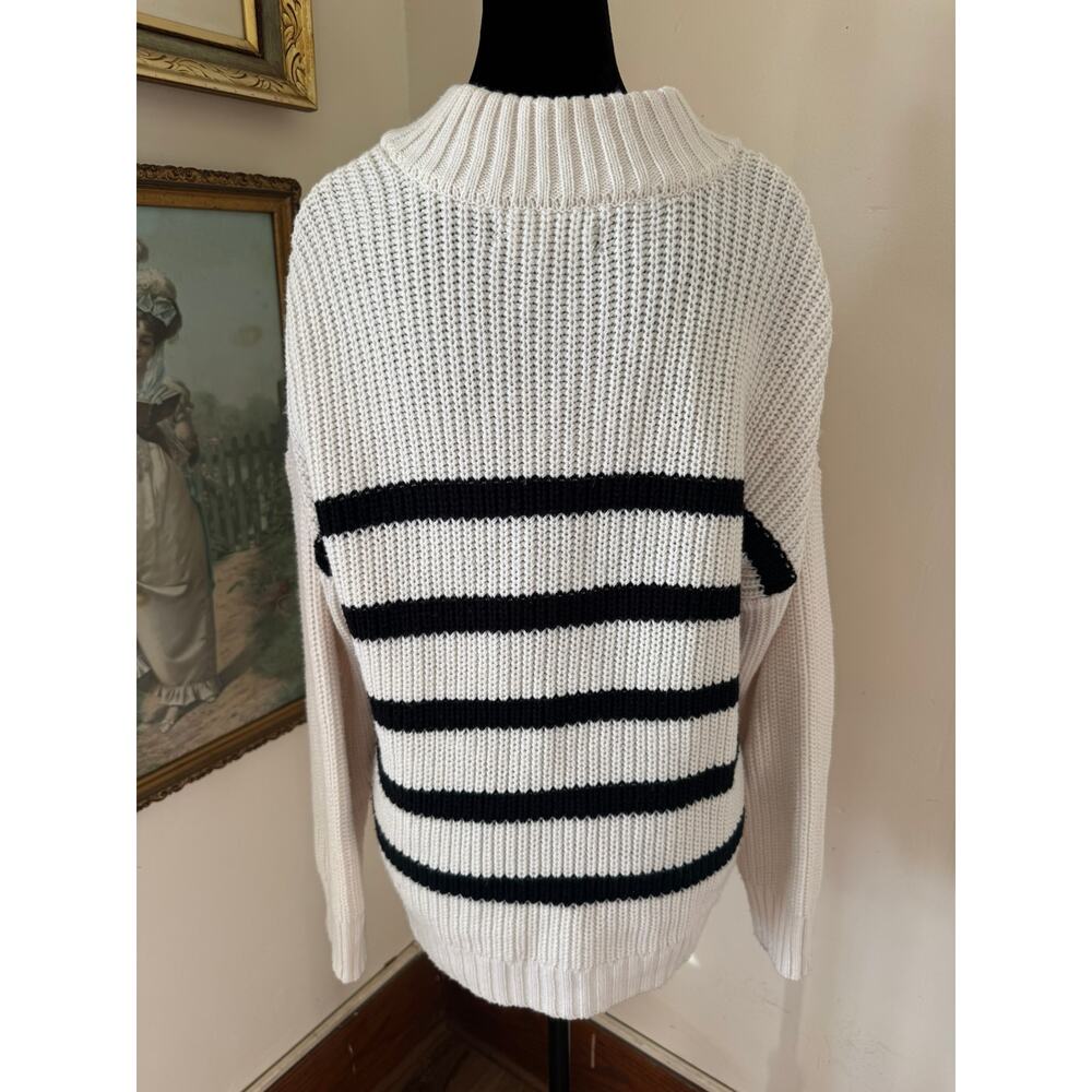 Sanctuary Chunky Knit Half Zip Sweater Cream Black Striped Size L - Picture 2 of 11